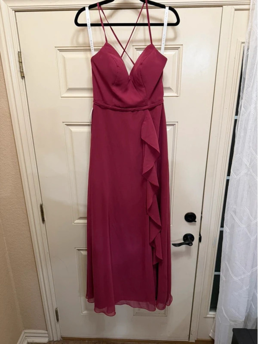 Azazie A8 Burgundy Chiffon Ruffle Slit Maxi Bridesmaid Dress